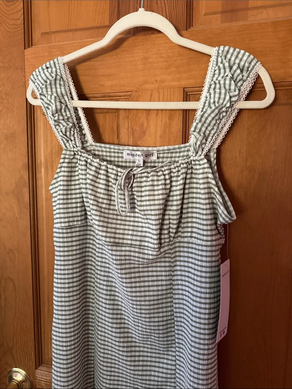 Madden Girl Green Gingham Smocked-Strap Mini Dress
